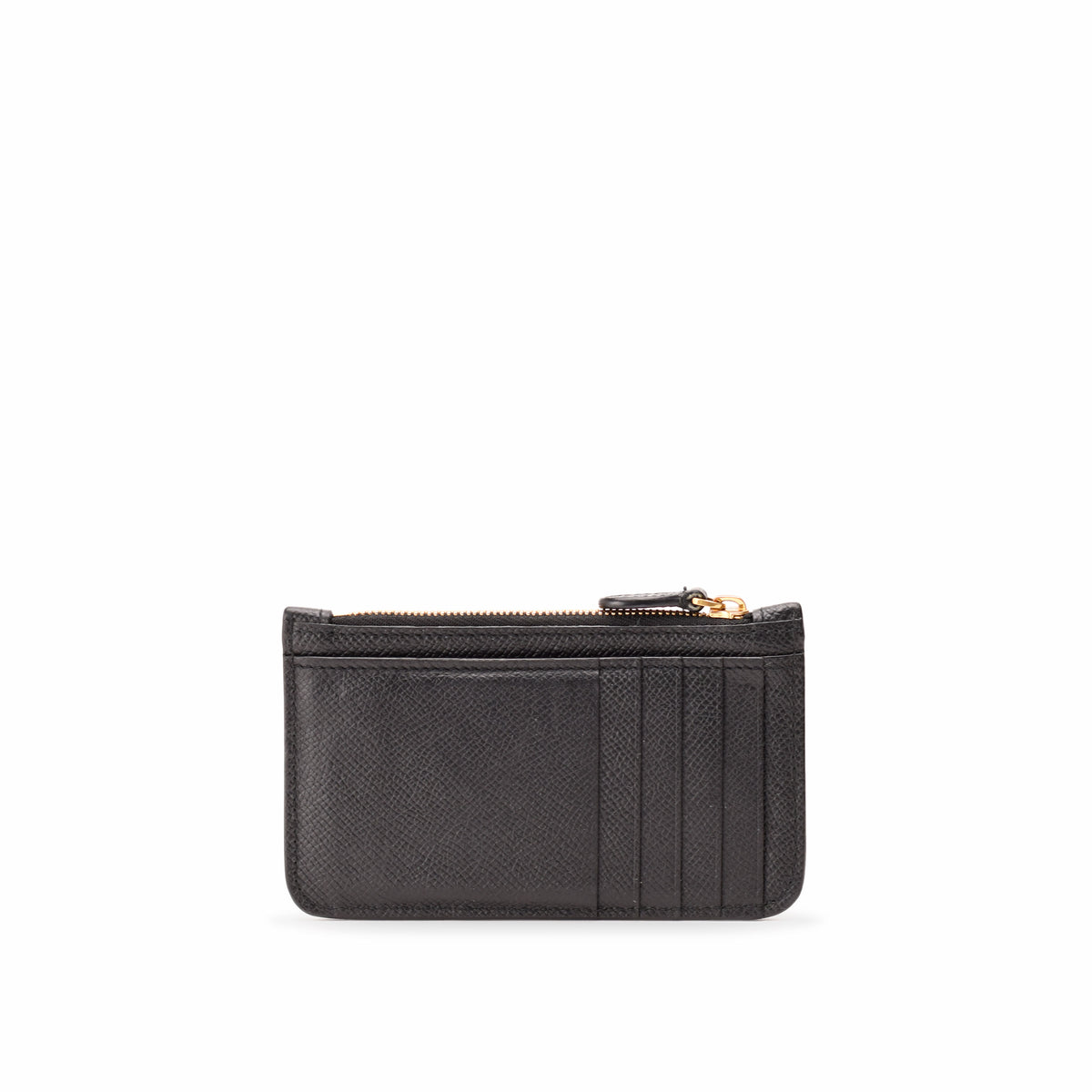 Black textured leather card holder with gold-tone zipper, curated Pre-loved Luxury by Myluxe in Helsinki.