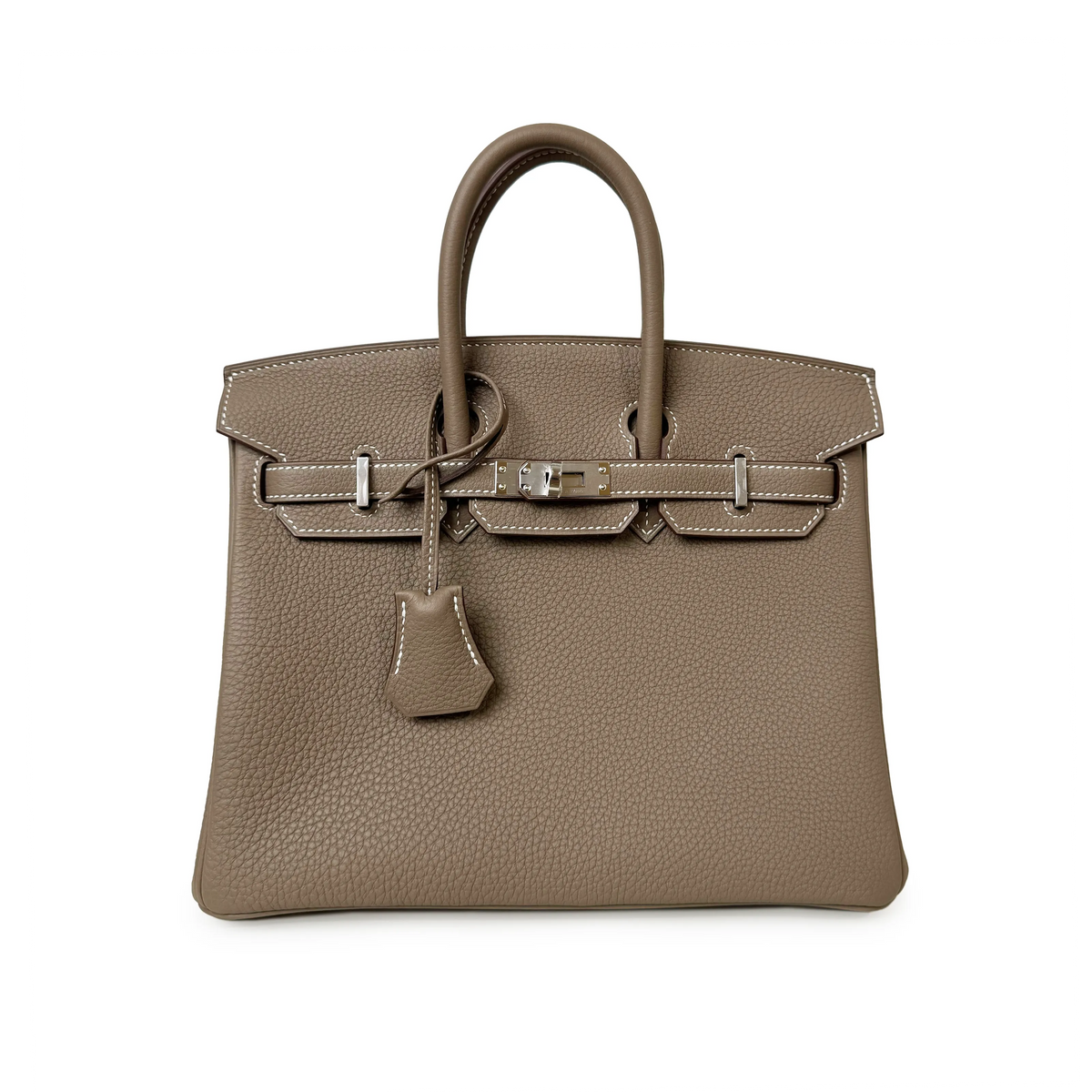 Taupe textured leather handbag with silver hardware, curated Pre-loved Luxury by Myluxe in Helsinki.