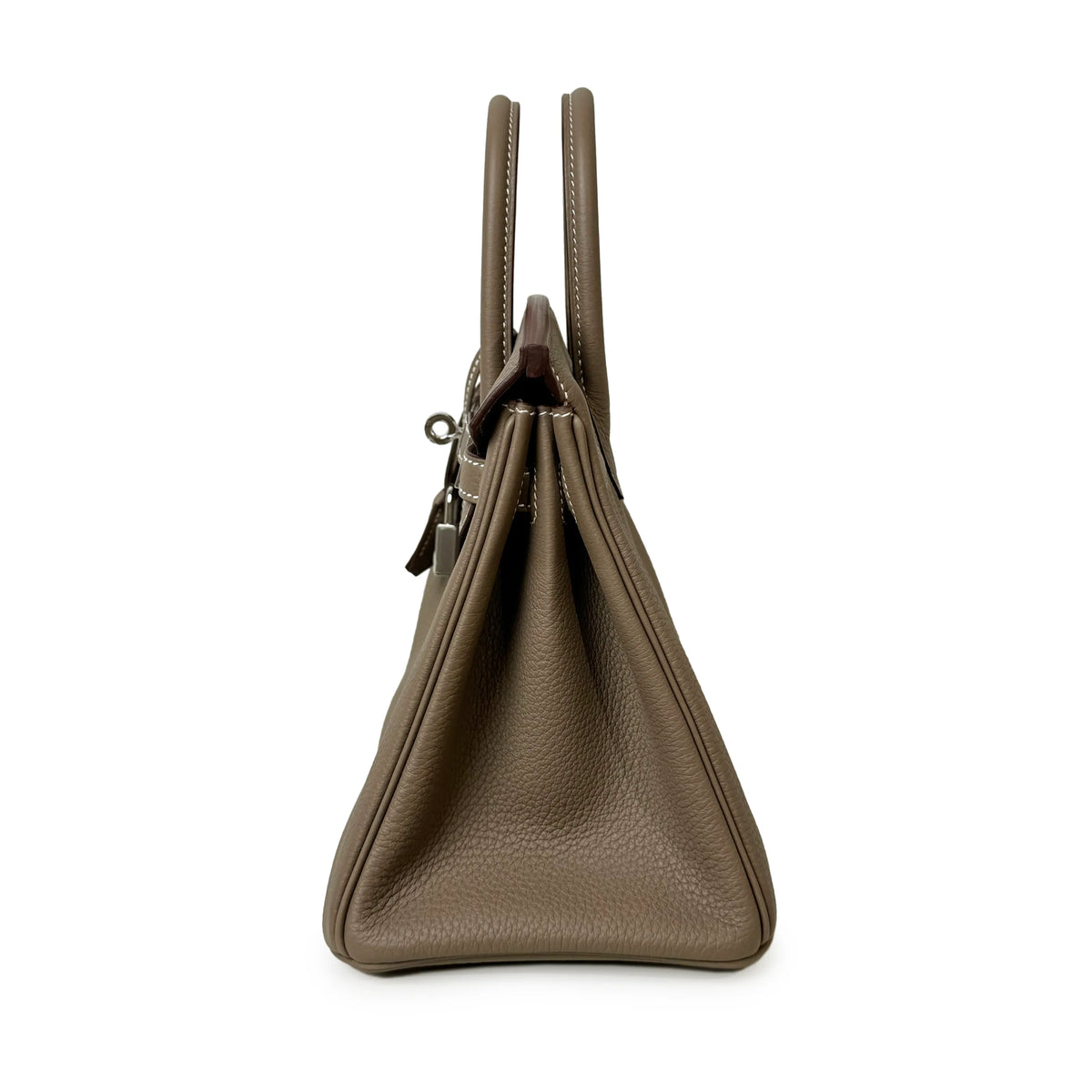 Taupe pebbled leather designer handbag with structured top handles, curated Pre-loved Luxury by Myluxe in Helsinki.