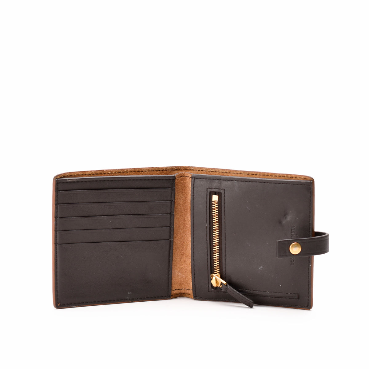 Brown leather bi-fold wallet with gold-tone zipper detail, curated Pre-loved Luxury by Myluxe in Helsinki.