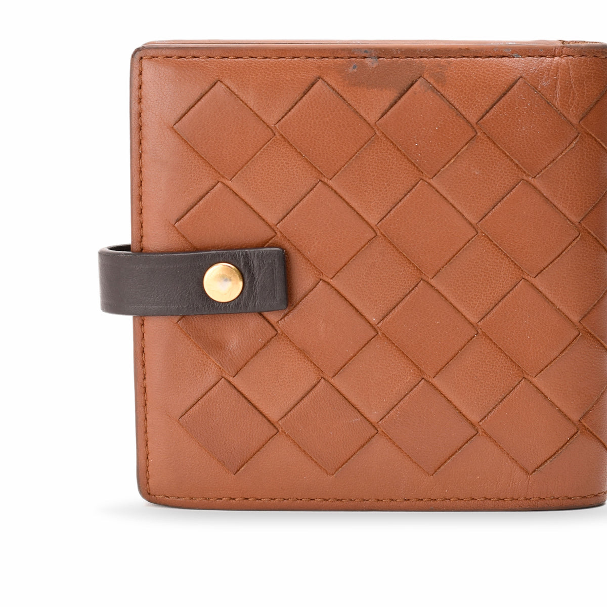 Brown woven leather wallet with dark brown strap and gold-tone snap button, curated Pre-loved Luxury by Myluxe in Helsinki.
