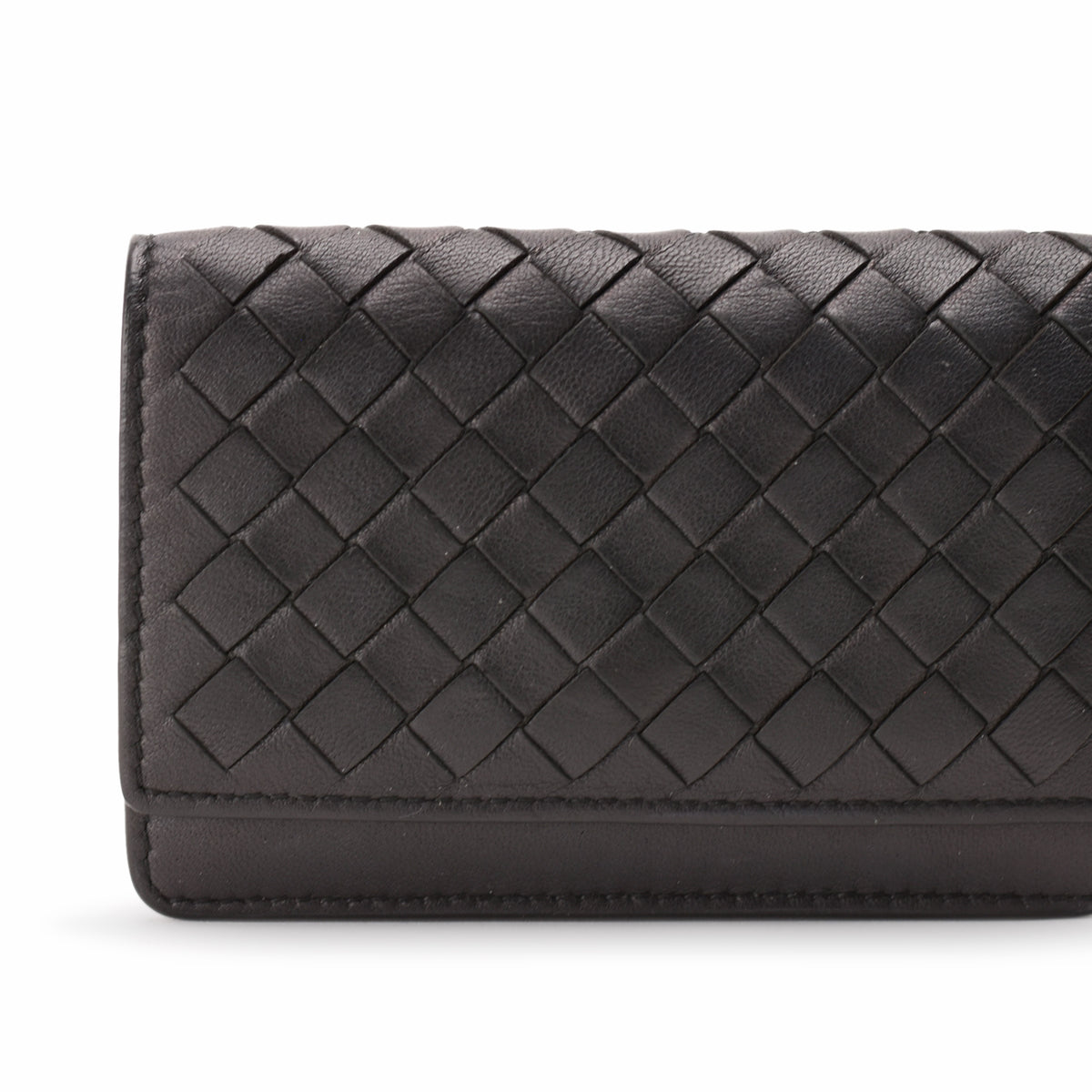 Black woven leather wallet with Intrecciato texture, curated Pre-loved Luxury by Myluxe in Helsinki.