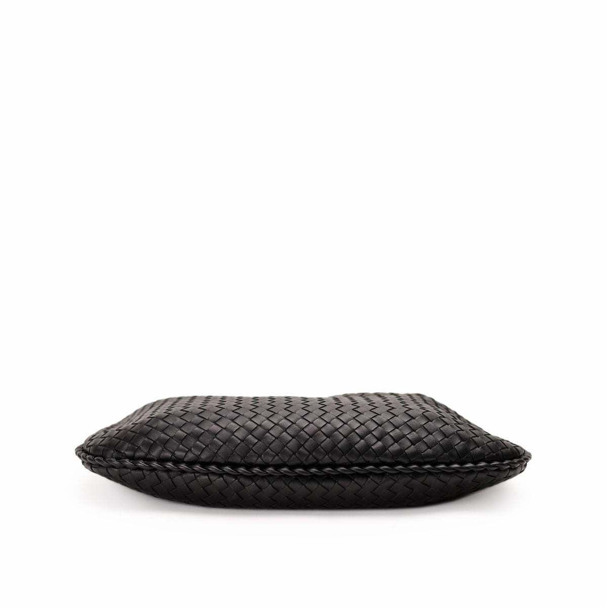 Black woven leather Bottega Veneta clutch, curated Pre-loved Luxury by Myluxe in Helsinki.
