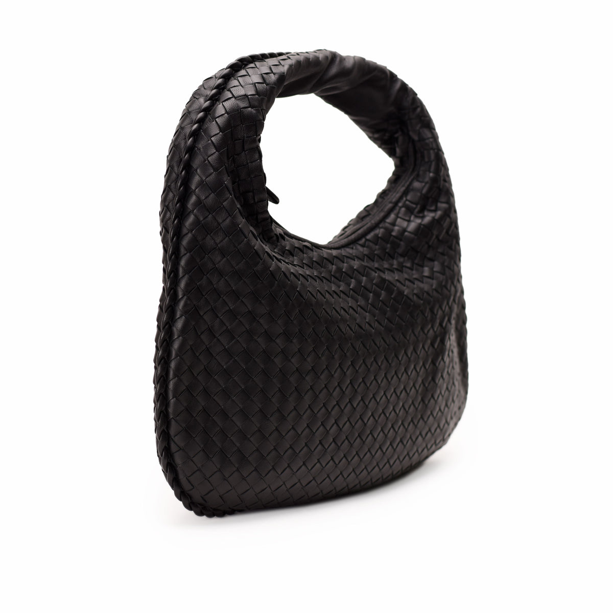 Black woven leather Bottega Veneta handbag, curated Pre-loved Luxury by Myluxe in Helsinki.