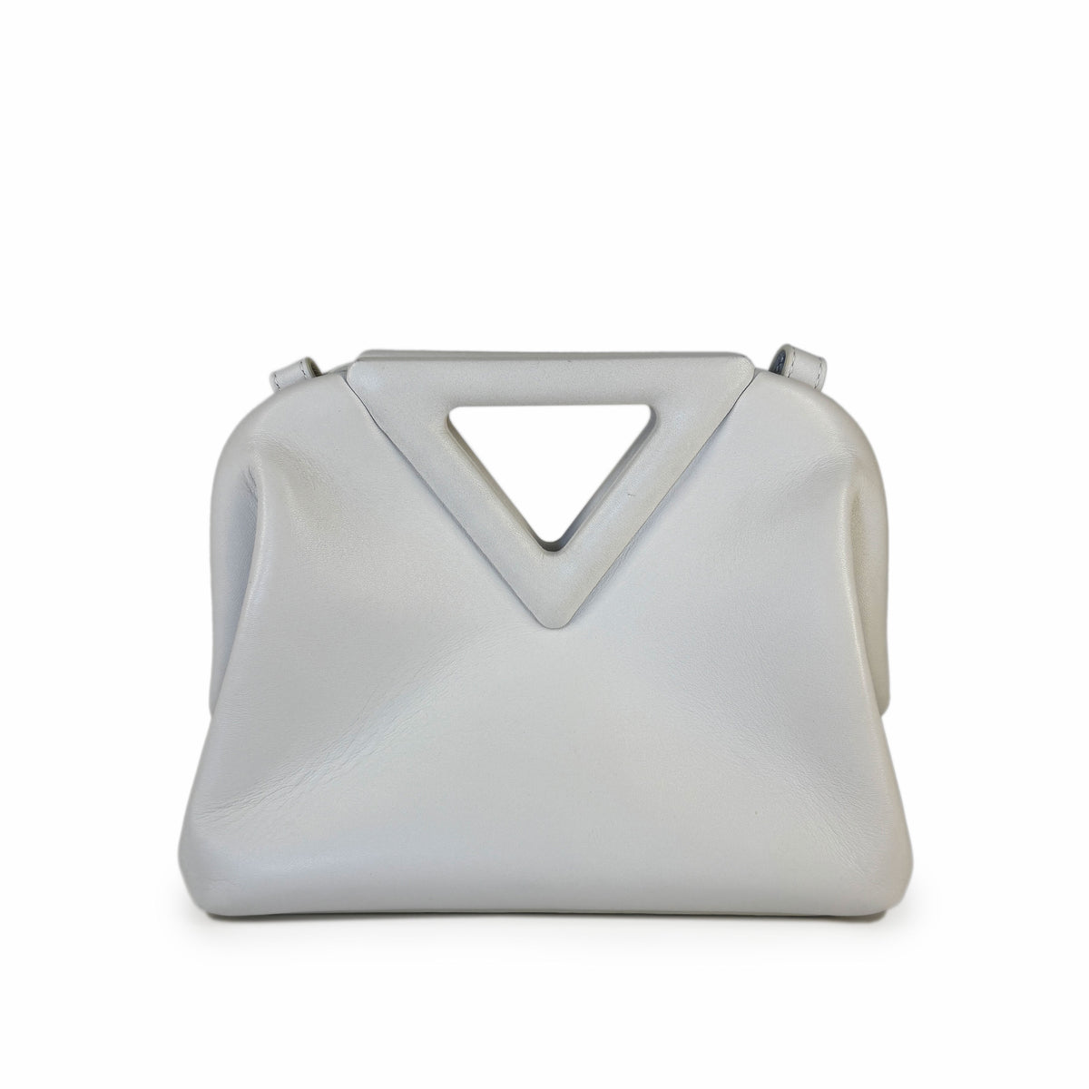Light grey smooth leather handbag with a unique triangular handle, curated Pre-loved Luxury by Myluxe in Helsinki.