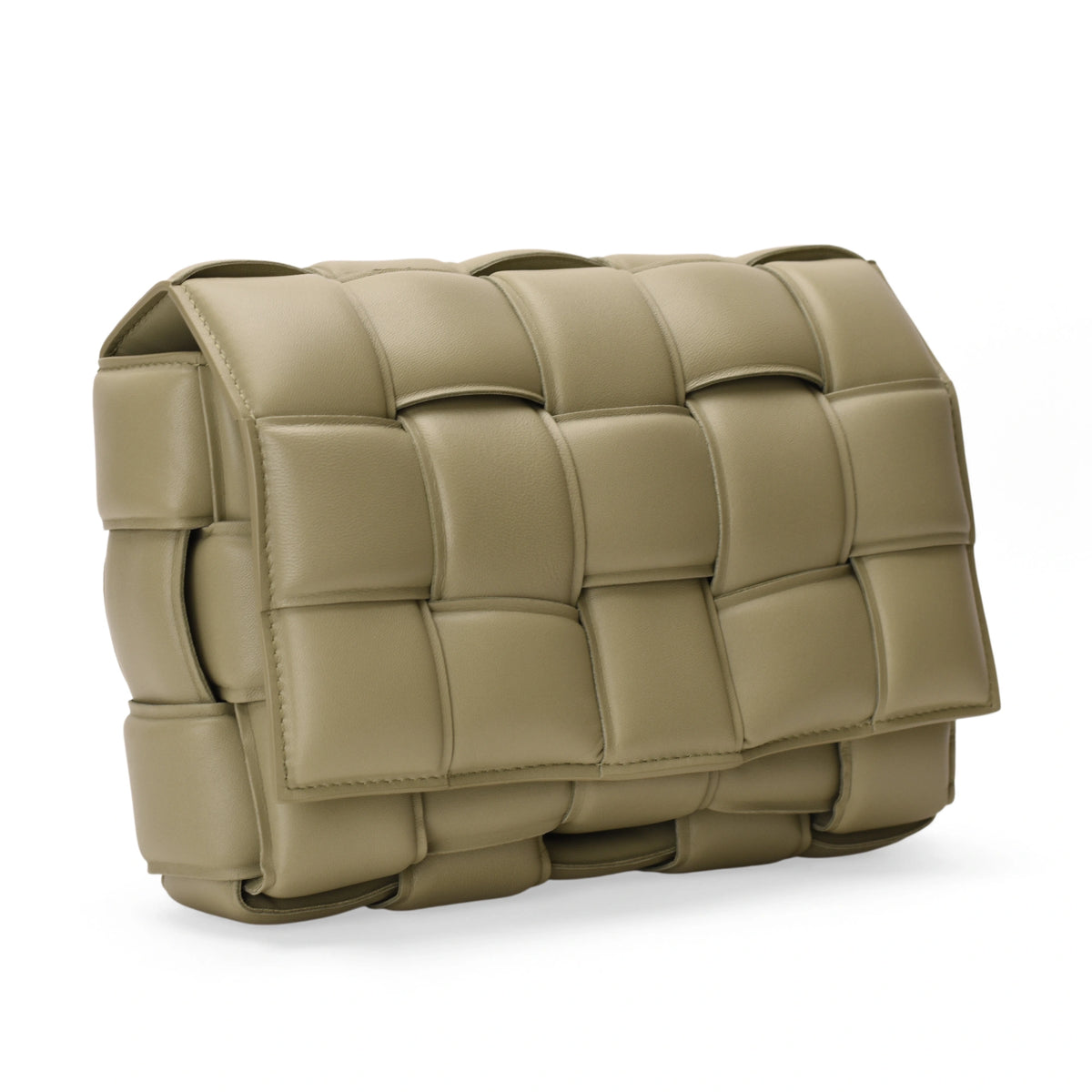 Bottega Veneta padded Cassette bag in sage lambskin with quilted design and sleek strap, stylish and luxurious accessories.