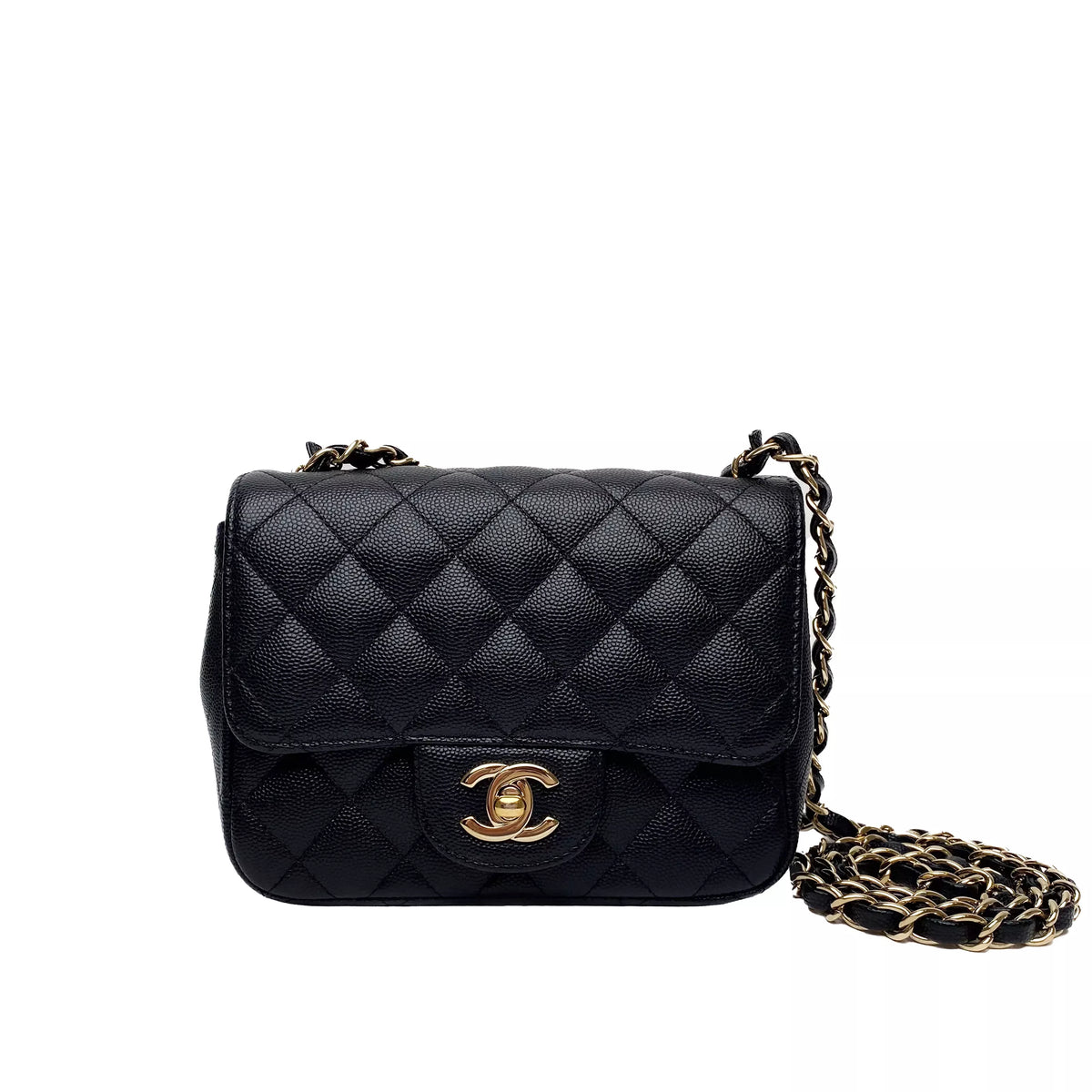 Chanel Quilted BlackCaviar Mini Square Single Flap Champagne Hardware 7