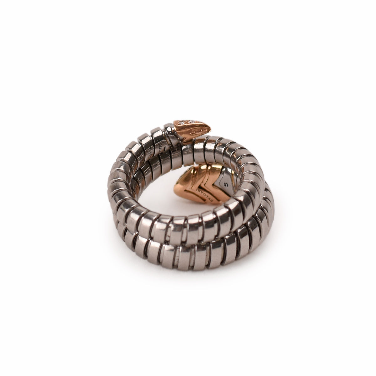 Bvlgari Serpenti spiral ring in two-tone gold and steel, curated Pre-loved Luxury by Myluxe in Helsinki.