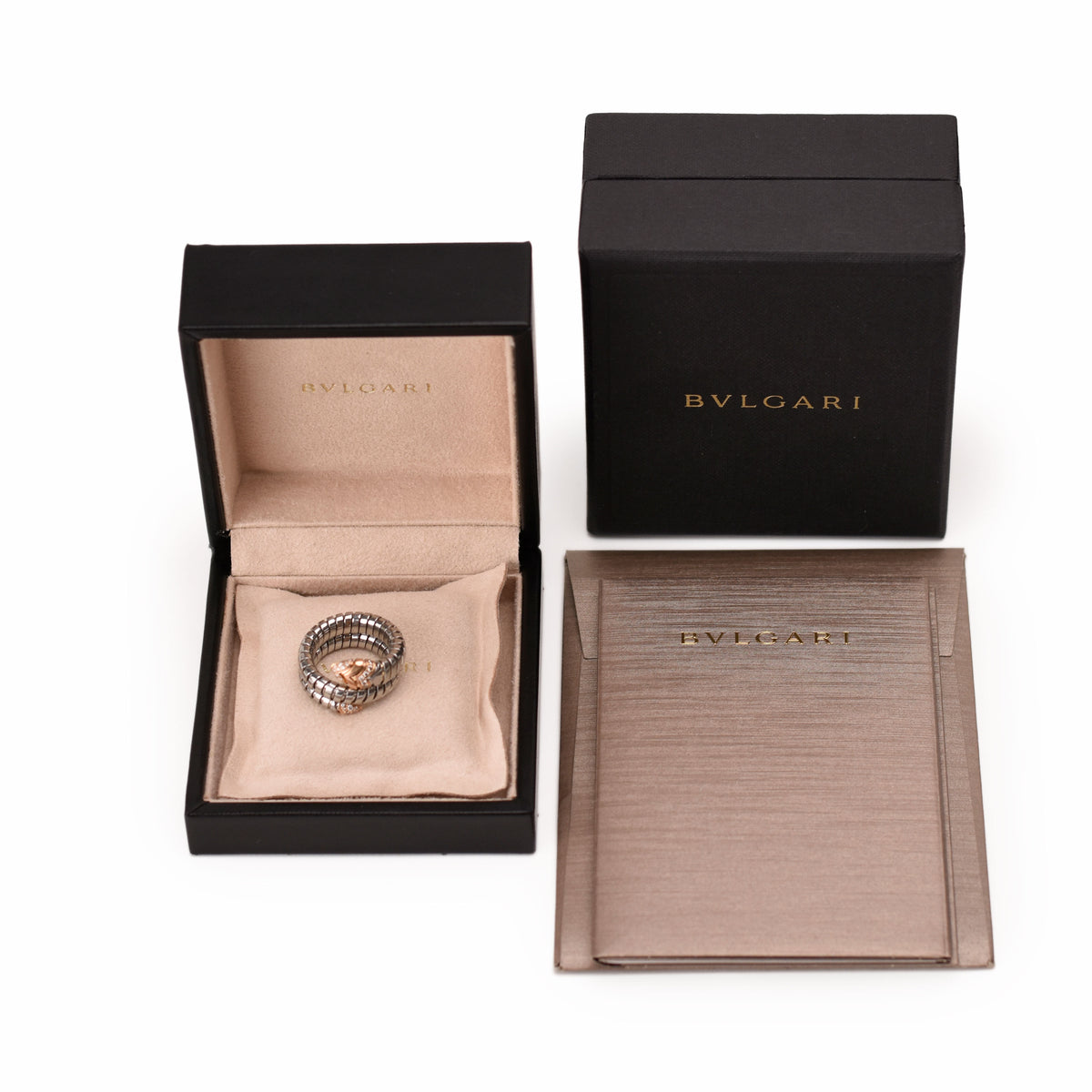 Bvlgari diamond-set gold ring in a black branded box, curated Pre-loved Luxury by Myluxe in Helsinki.