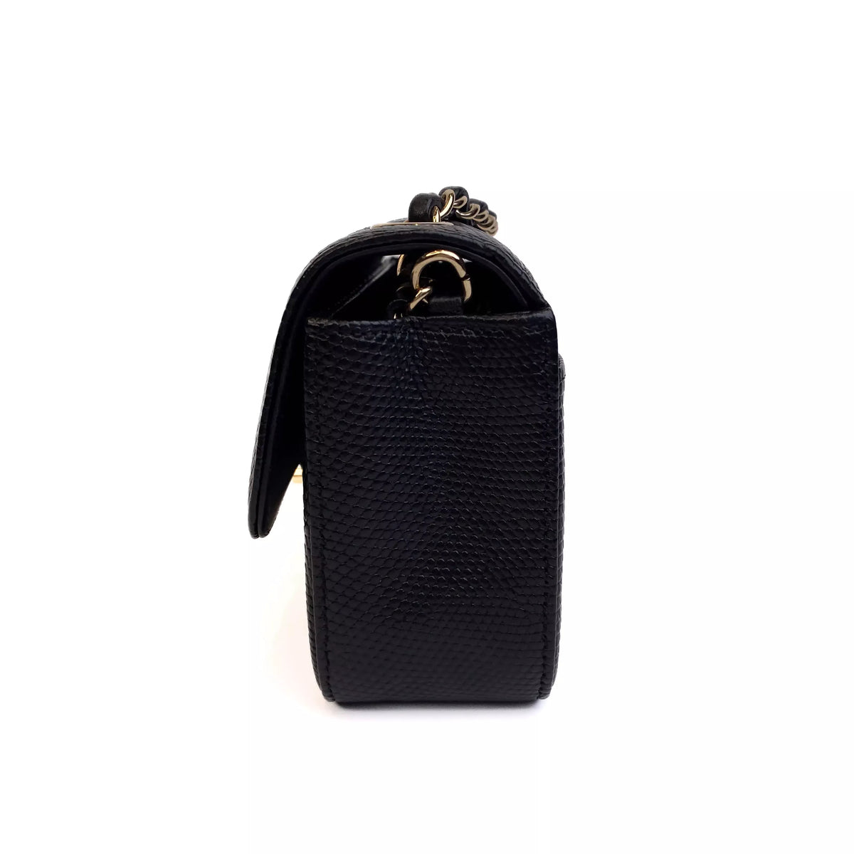 Chanel Classic Mini Flap Bag Black Lizard Leather with Gold Hardware Left Side