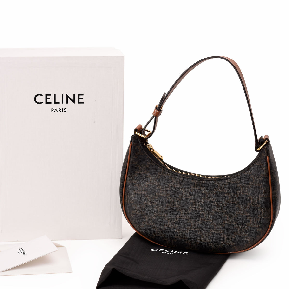 Brown monogram canvas Celine shoulder bag with gold-tone hardware, curated Pre-loved Luxury by Myluxe in Helsinki.