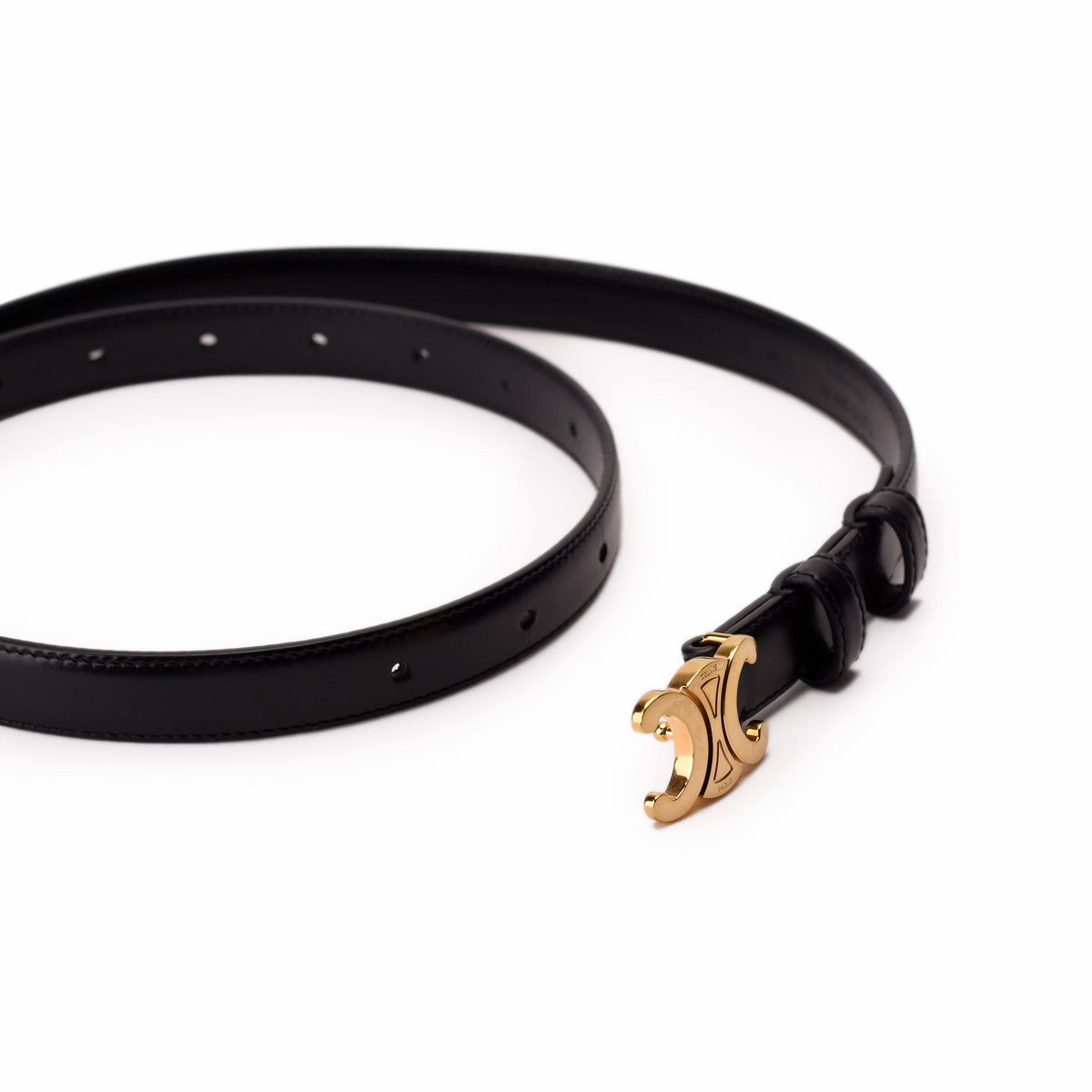 Celine black leather belt with gold-tone crescent buckle. curated Pre-loved Luxury by Myluxe in Helsinki.