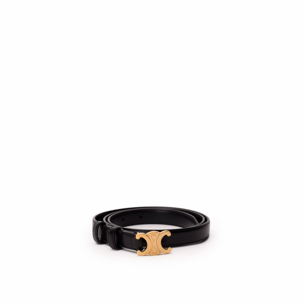 Celine black leather belt with gold-tone Triomphe buckle. curated Pre-loved Luxury by Myluxe in Helsinki.