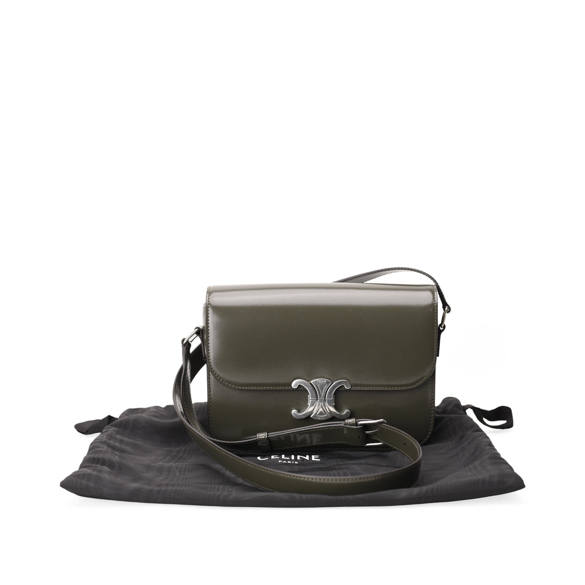 Celine Classique Triomphe medium bag in dark army shiny calfskin with silver hardware, curated Pre-loved Luxury by Myluxe in Helsinki.