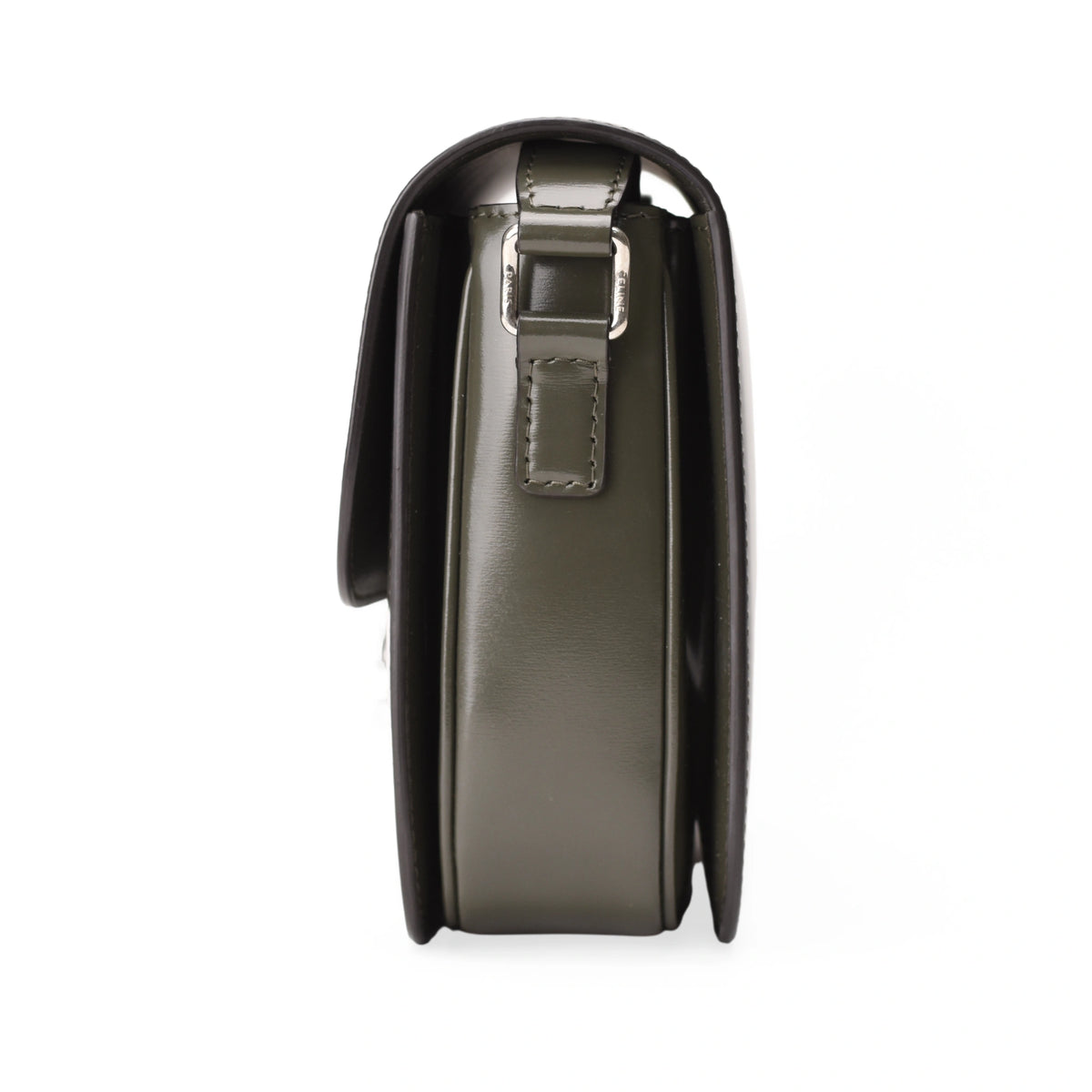 Side view of Celine Classique Triomphe medium bag in dark army shiny calfskin. curated Pre-loved Luxury by Myluxe in Helsinki.
