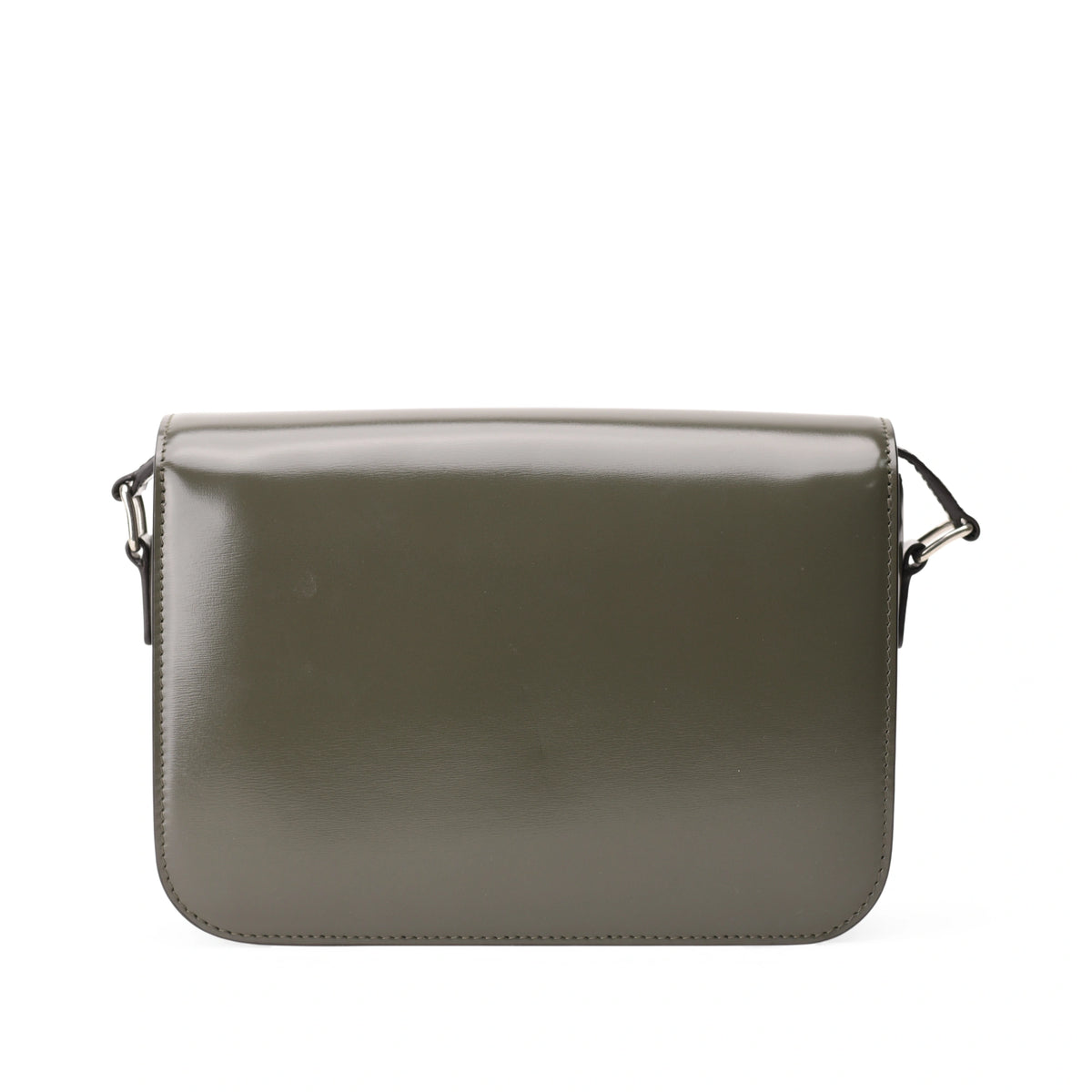 Back view of Celine Classique Triomphe medium bag in shiny dark army calfskin. curated Pre-loved Luxury by Myluxe in Helsinki.