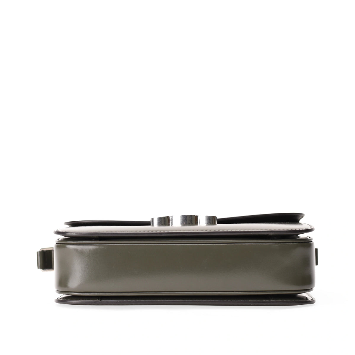Side view of Celine Classique Triomphe medium bag in shiny dark army calfskin. curated Pre-loved Luxury by Myluxe in Helsinki.