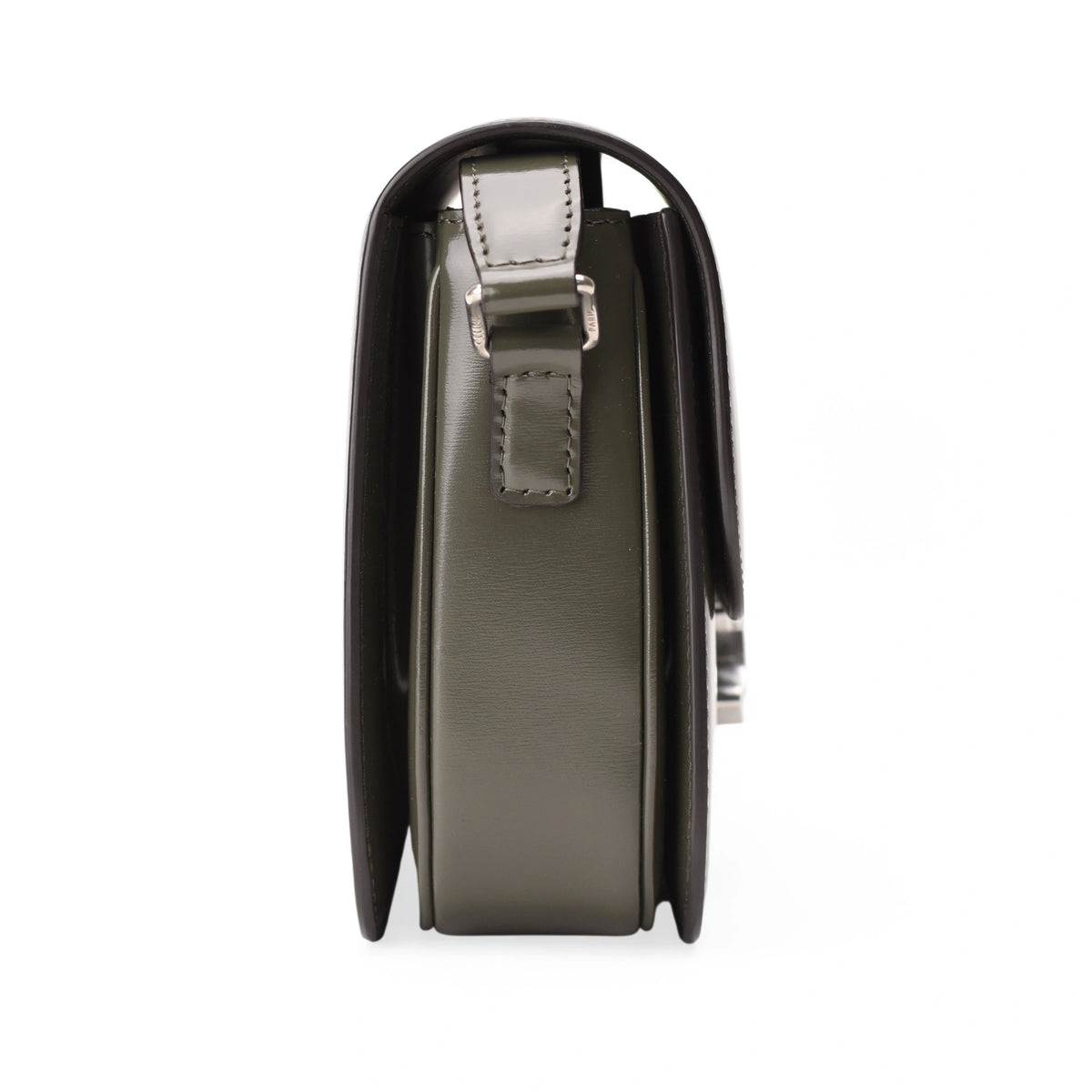 Side view of a Celine Classique Triomphe medium bag in dark army shiny calfskin. curated Pre-loved Luxury by Myluxe in Helsinki.