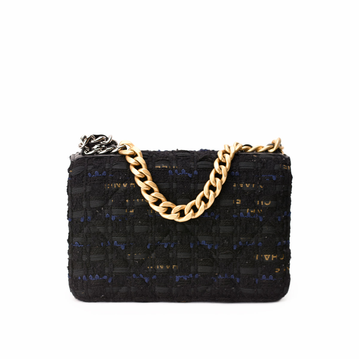 Black textured tweed handbag with a chunky gold-tone chain strap, curated Pre-loved Luxury by Myluxe in Helsinki.