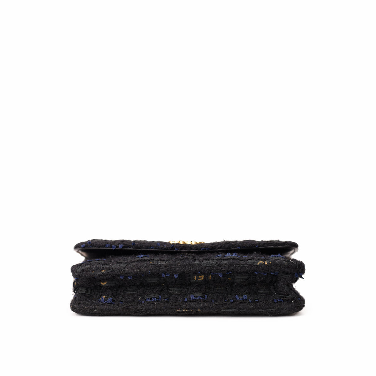 Black textured tweed luxury clutch with gold hardware, curated Pre-loved Luxury by Myluxe in Helsinki.