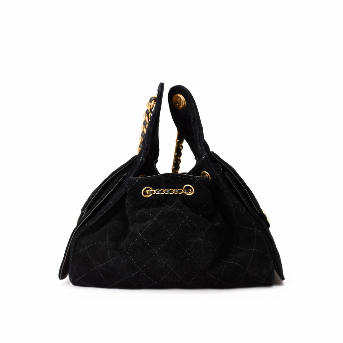 Black quilted suede handbag with gold chain strap, curated Pre-loved Luxury by Myluxe in Helsinki.