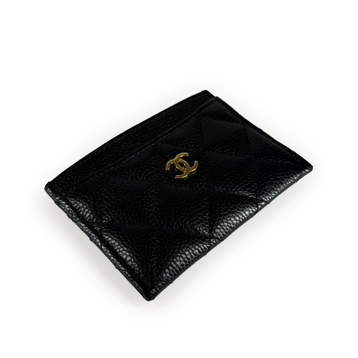 Black quilted caviar leather Chanel card holder with gold CC logo, curated Pre-loved Luxury by Myluxe in Helsinki.