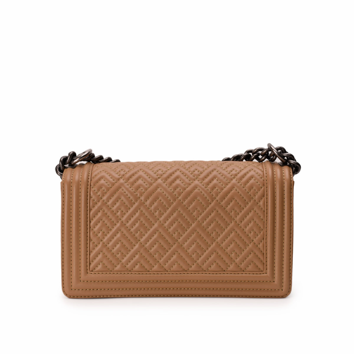 Tan quilted leather crossbody bag with a dark chain strap, curated Pre-loved Luxury by Myluxe in Helsinki.