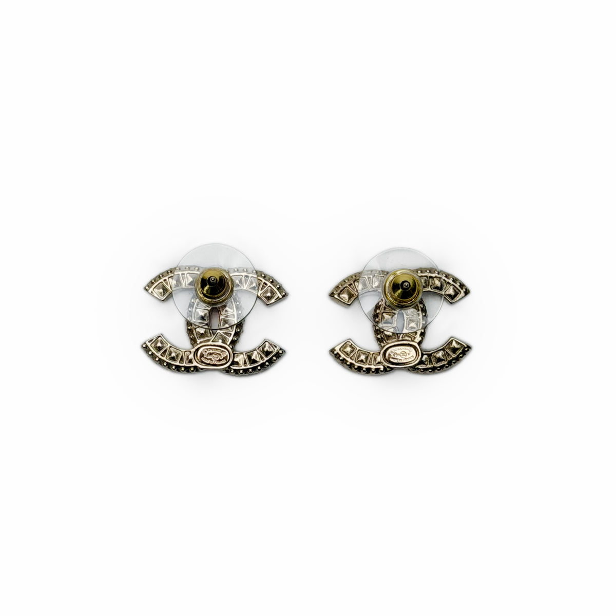 Chanel silver-tone crystal encrusted interlocking CC logo stud earrings, curated Pre-loved Luxury by Myluxe in Helsinki.