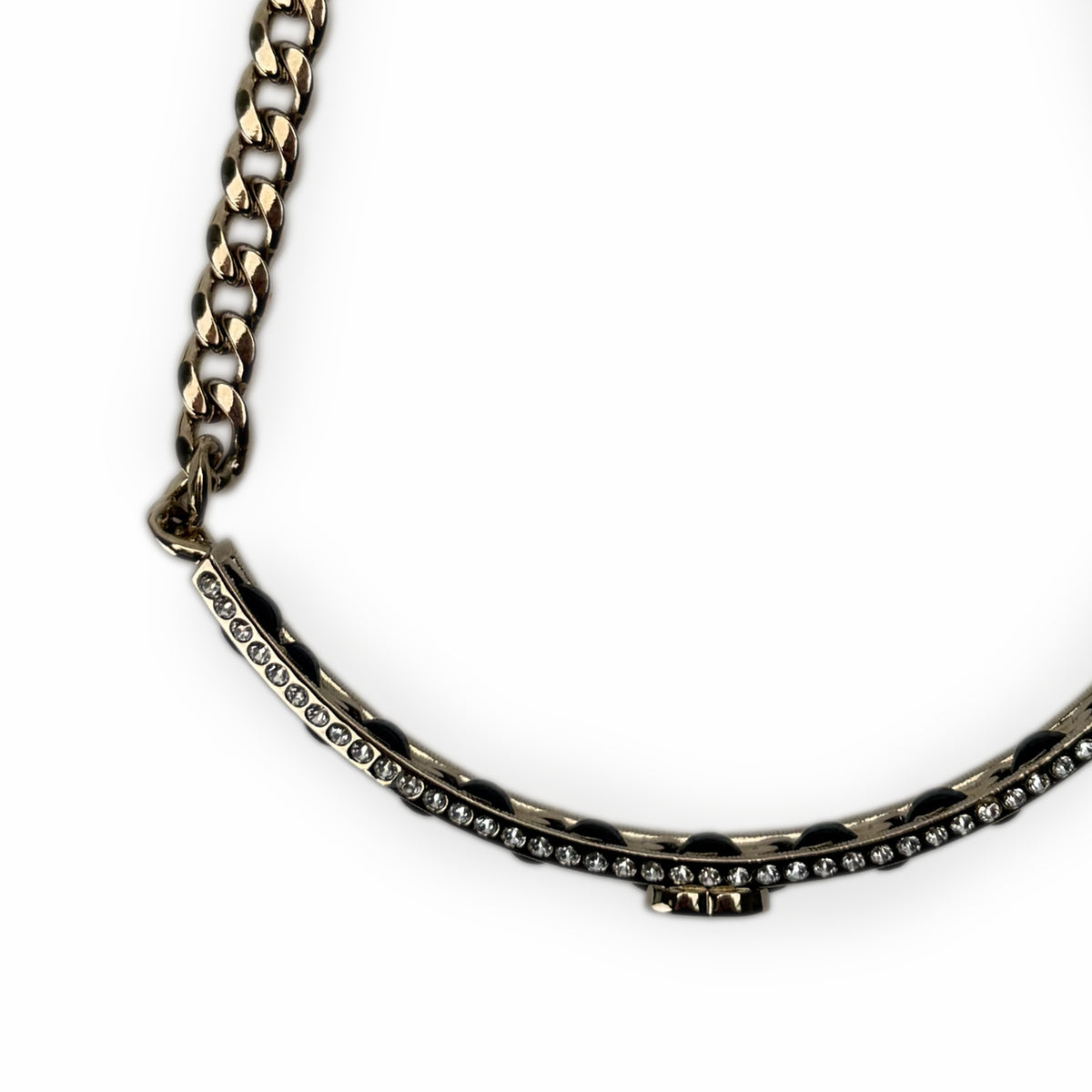 Gold-tone curb chain necklace with sparkling crystal-encrusted bar pendant, curated Pre-loved Luxury by Myluxe in Helsinki.