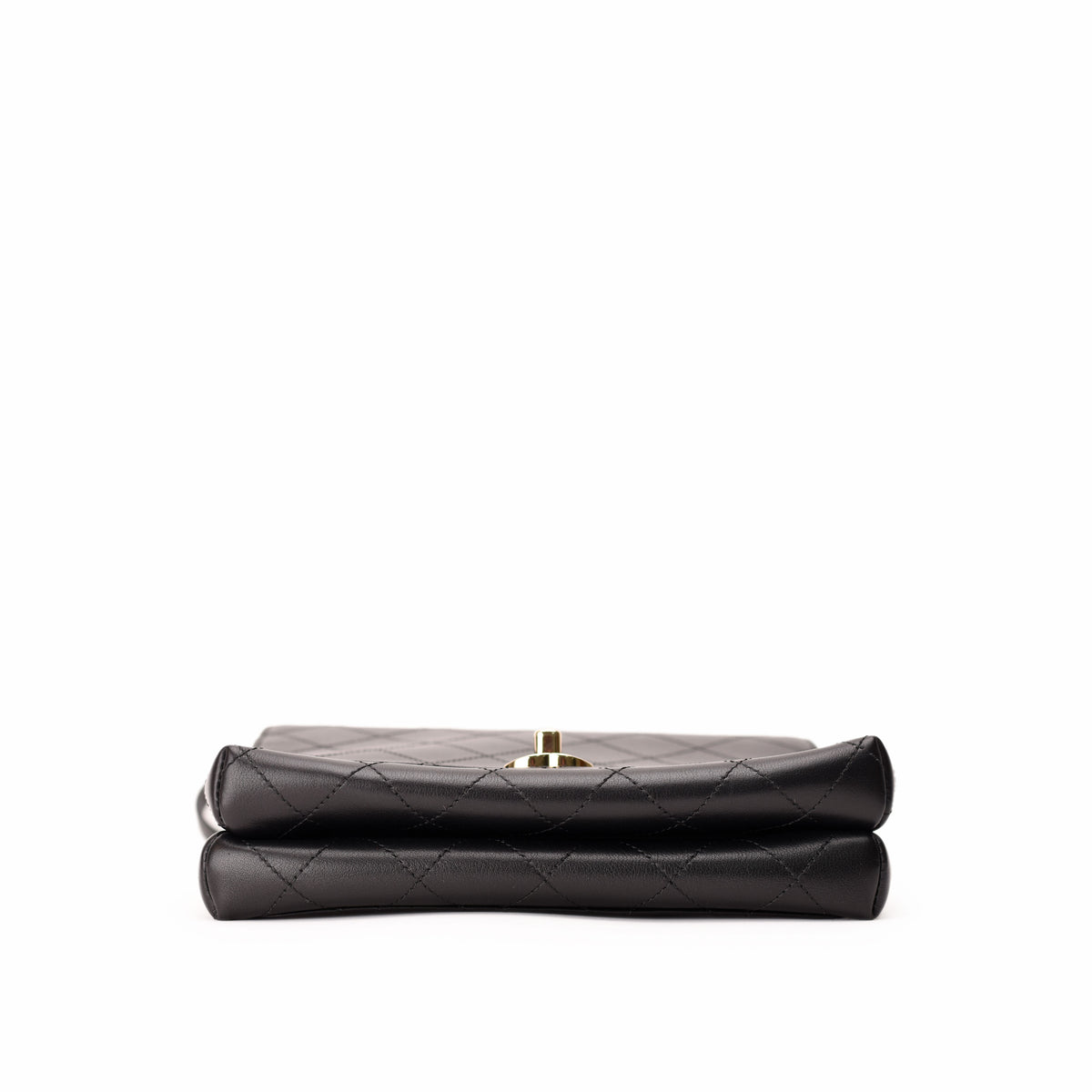 Black quilted leather clutch with gold-tone hardware, curated Pre-loved Luxury by Myluxe in Helsinki.