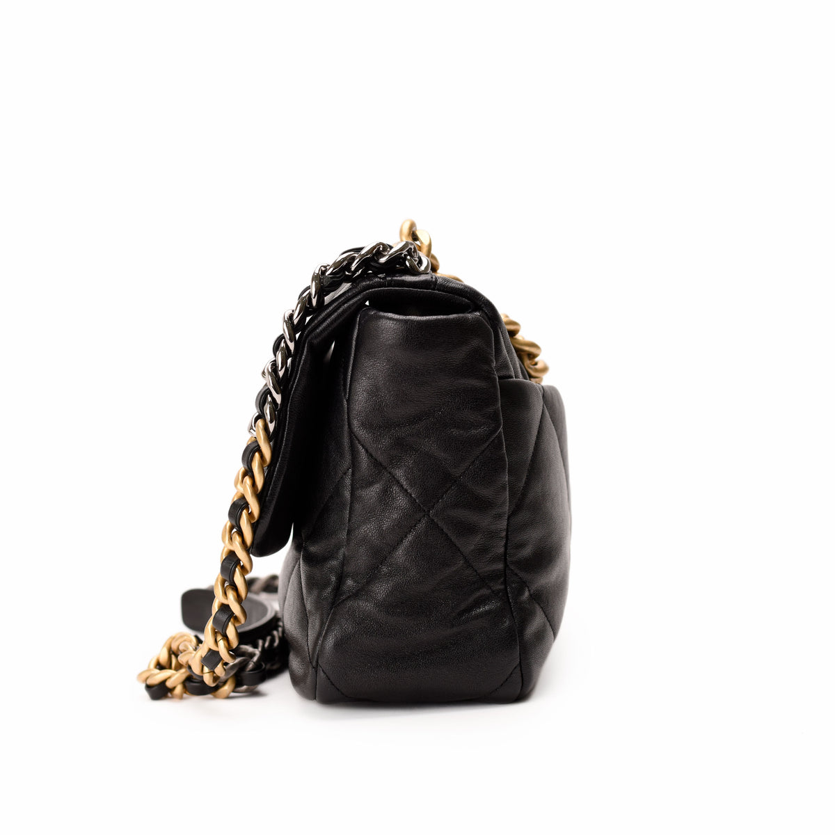 Black quilted leather handbag with gold-tone chain strap, curated Pre-loved Luxury by Myluxe in Helsinki.