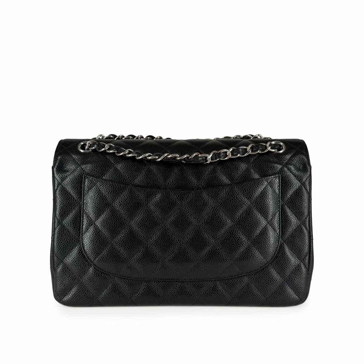 Black quilted leather handbag with silver chain strap, curated Pre-loved Luxury by Myluxe in Helsinki.