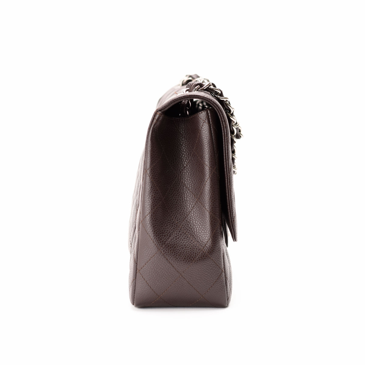 Brown quilted leather handbag with silver chain strap, curated Pre-loved Luxury by Myluxe in Helsinki.