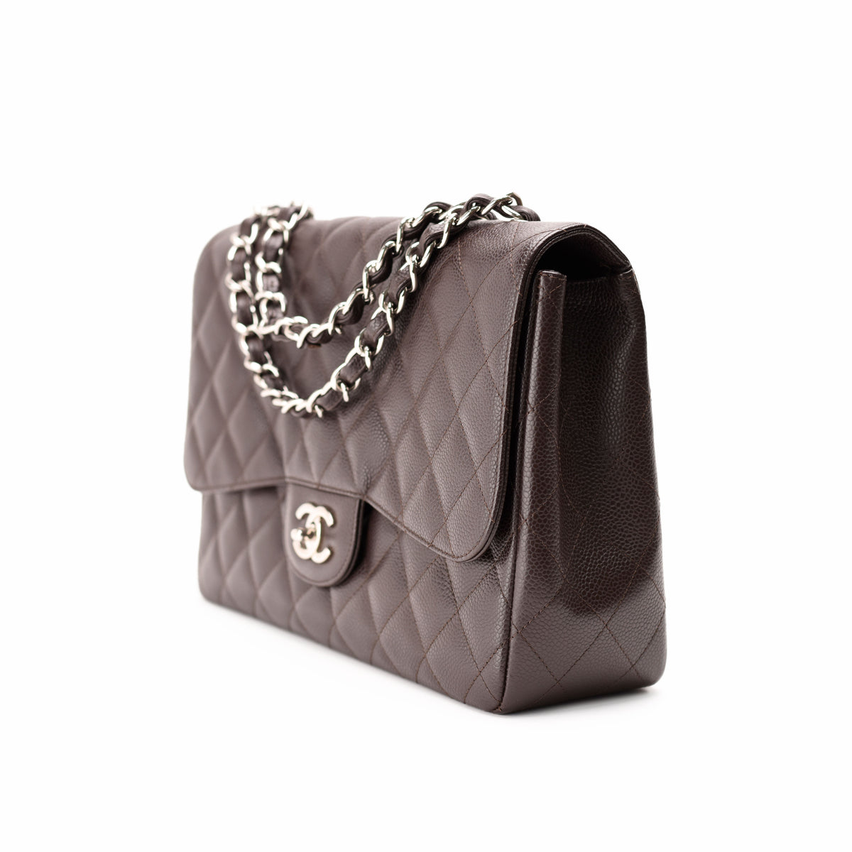 Chanel dark brown quilted caviar leather handbag with silver chain strap, curated Pre-loved Luxury by Myluxe in Helsinki.