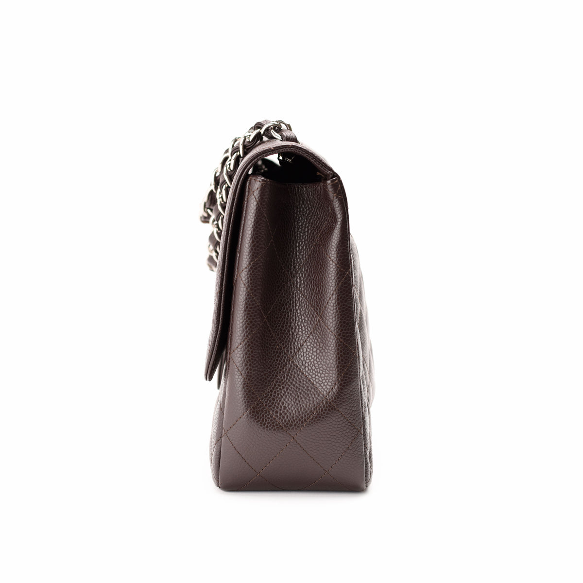 Brown quilted leather handbag with silver chain strap, curated Pre-loved Luxury by Myluxe in Helsinki.