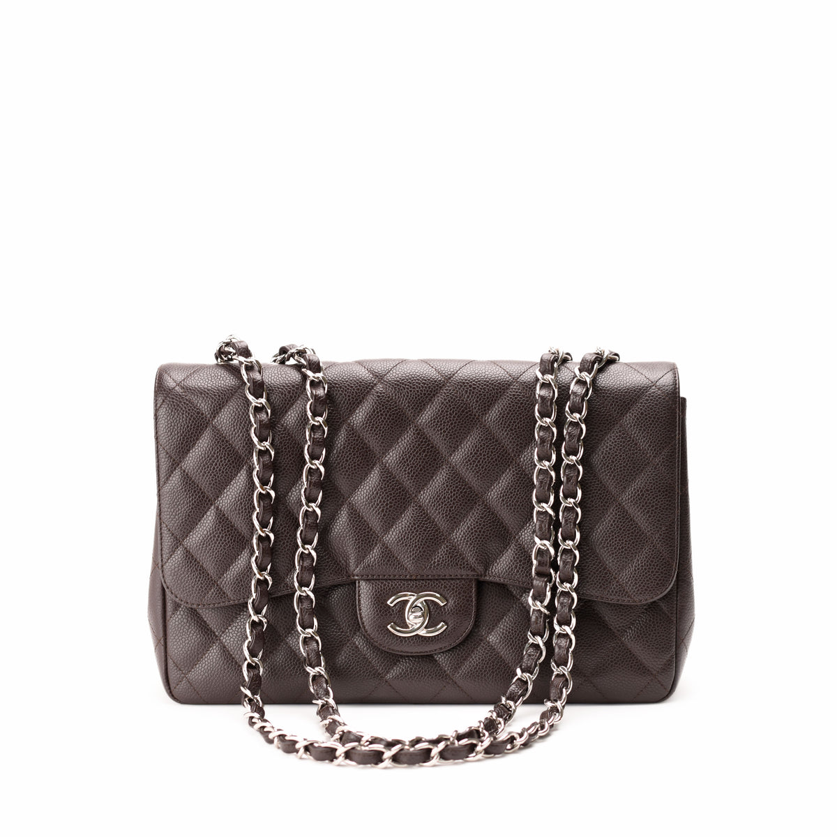 Quilted dark brown leather flap handbag with silver chain strap, curated Pre-loved Luxury by Myluxe in Helsinki.
