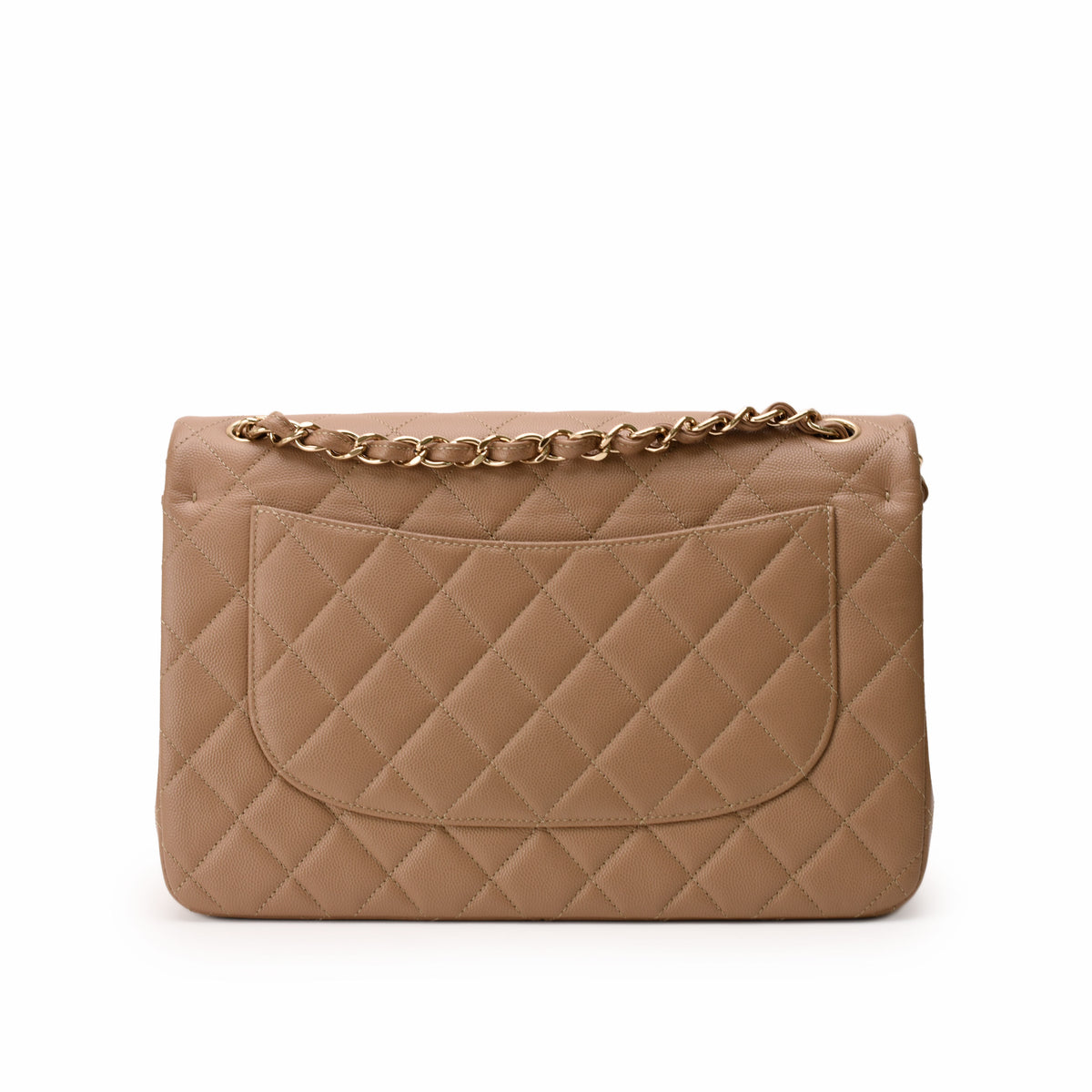 Beige quilted leather shoulder bag with gold chain strap, curated Pre-loved Luxury by Myluxe in Helsinki.