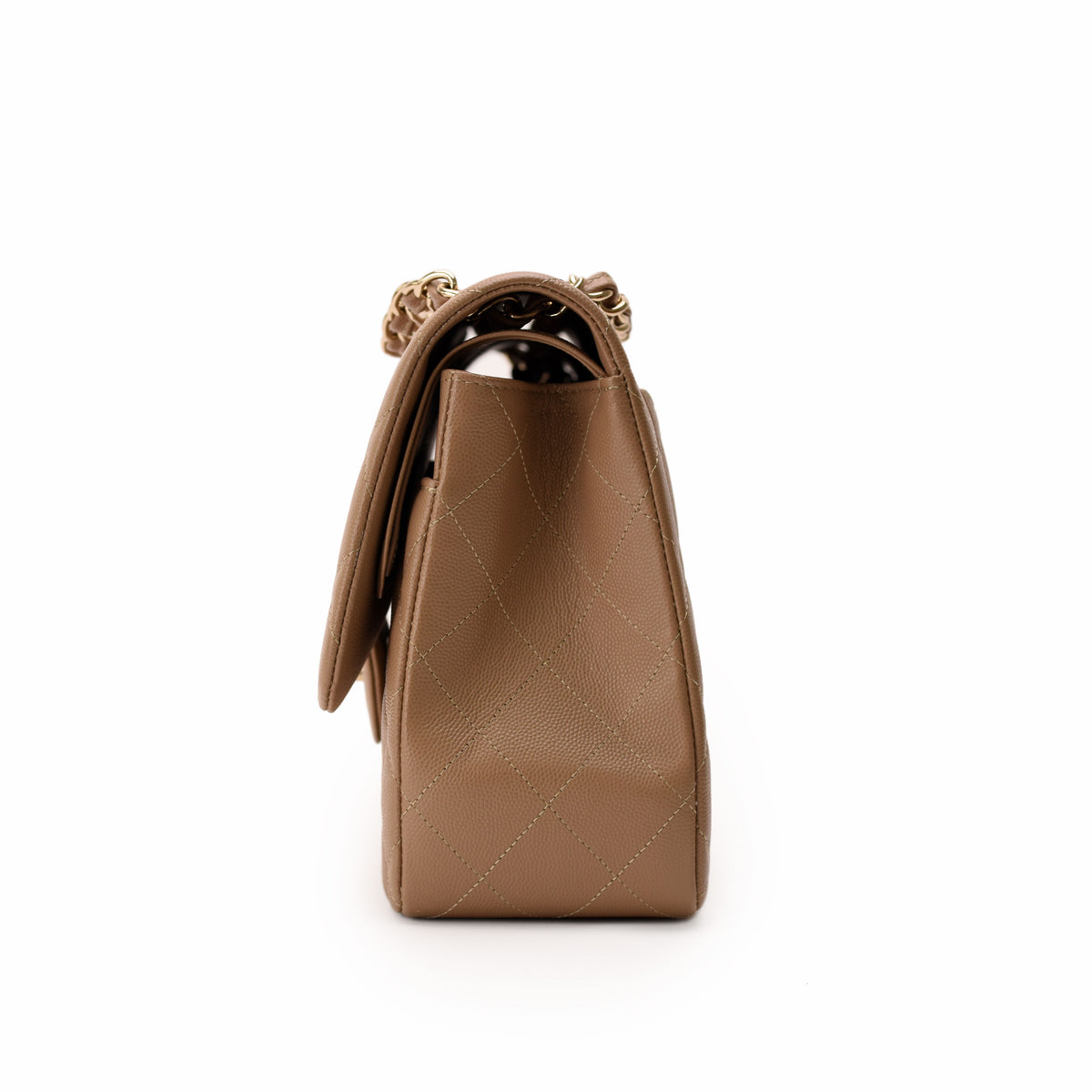 Tan quilted leather designer handbag with gold chain strap, curated Pre-loved Luxury by Myluxe in Helsinki.