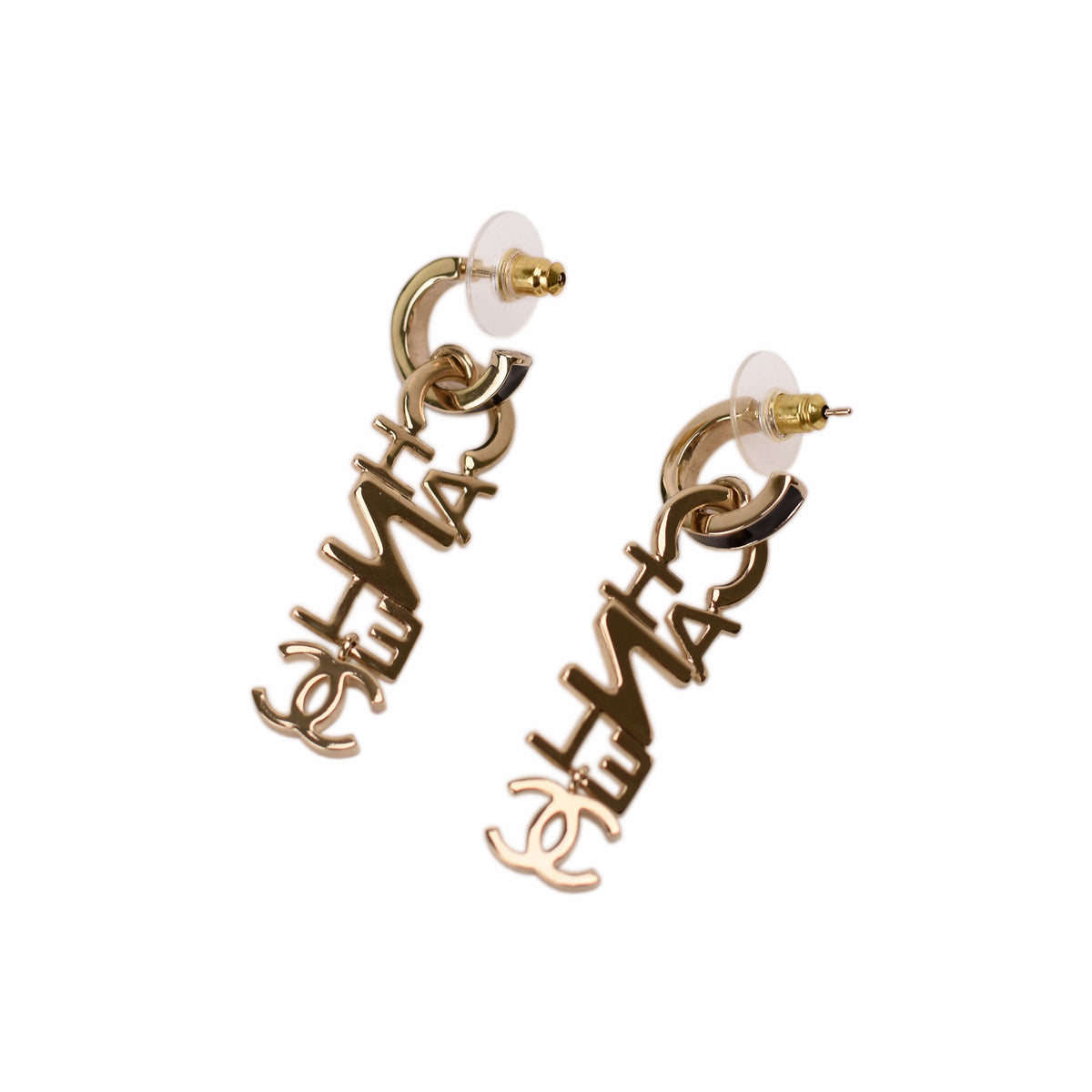 Gold-tone Chanel logo drop earrings with interlocking CC motif. curated Pre-loved Luxury by Myluxe in Helsinki.