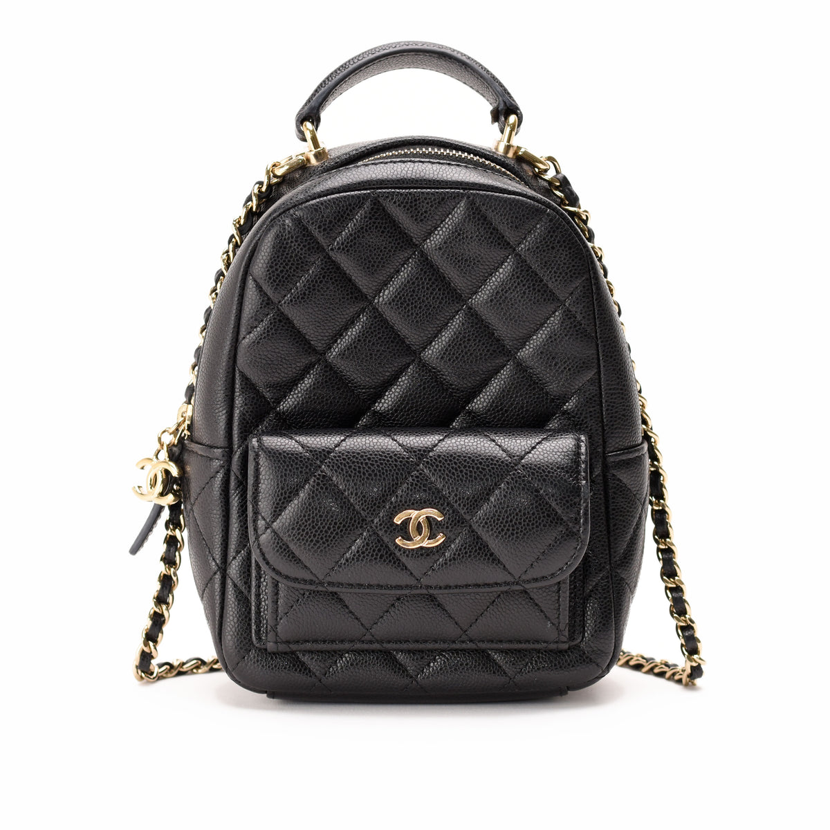 Black quilted caviar leather Chanel backpack with gold-tone hardware, curated Pre-loved Luxury by Myluxe in Helsinki.