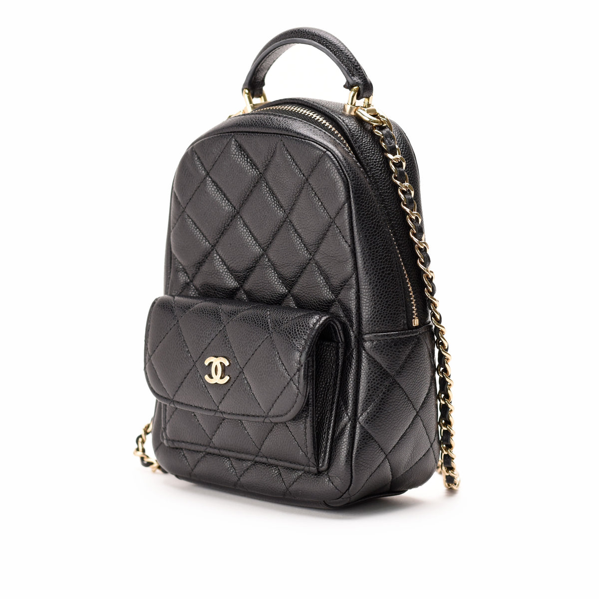Black quilted lambskin Chanel backpack with gold-tone hardware, curated Pre-loved Luxury by Myluxe in Helsinki.