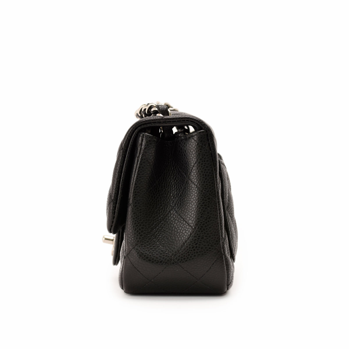 Black quilted caviar leather handbag with silver chain strap, curated Pre-loved Luxury by Myluxe in Helsinki.