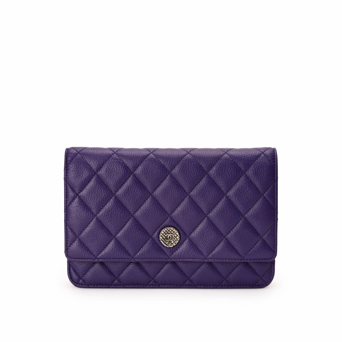 Purple quilted leather Chanel wallet with logo button, curated Pre-loved Luxury by Myluxe in Helsinki.