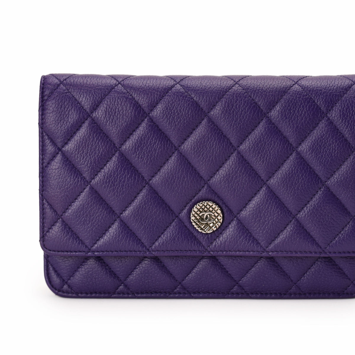 Purple quilted leather Chanel wallet with silver tone clasp, curated Pre-loved Luxury by Myluxe in Helsinki.