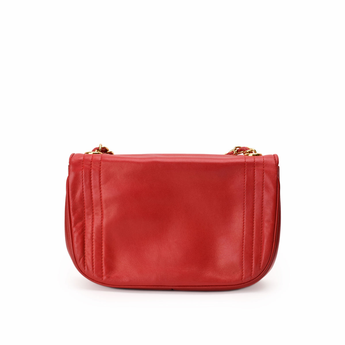 Red leather quilted crossbody bag with gold chain strap, curated Pre-loved Luxury by Myluxe in Helsinki.