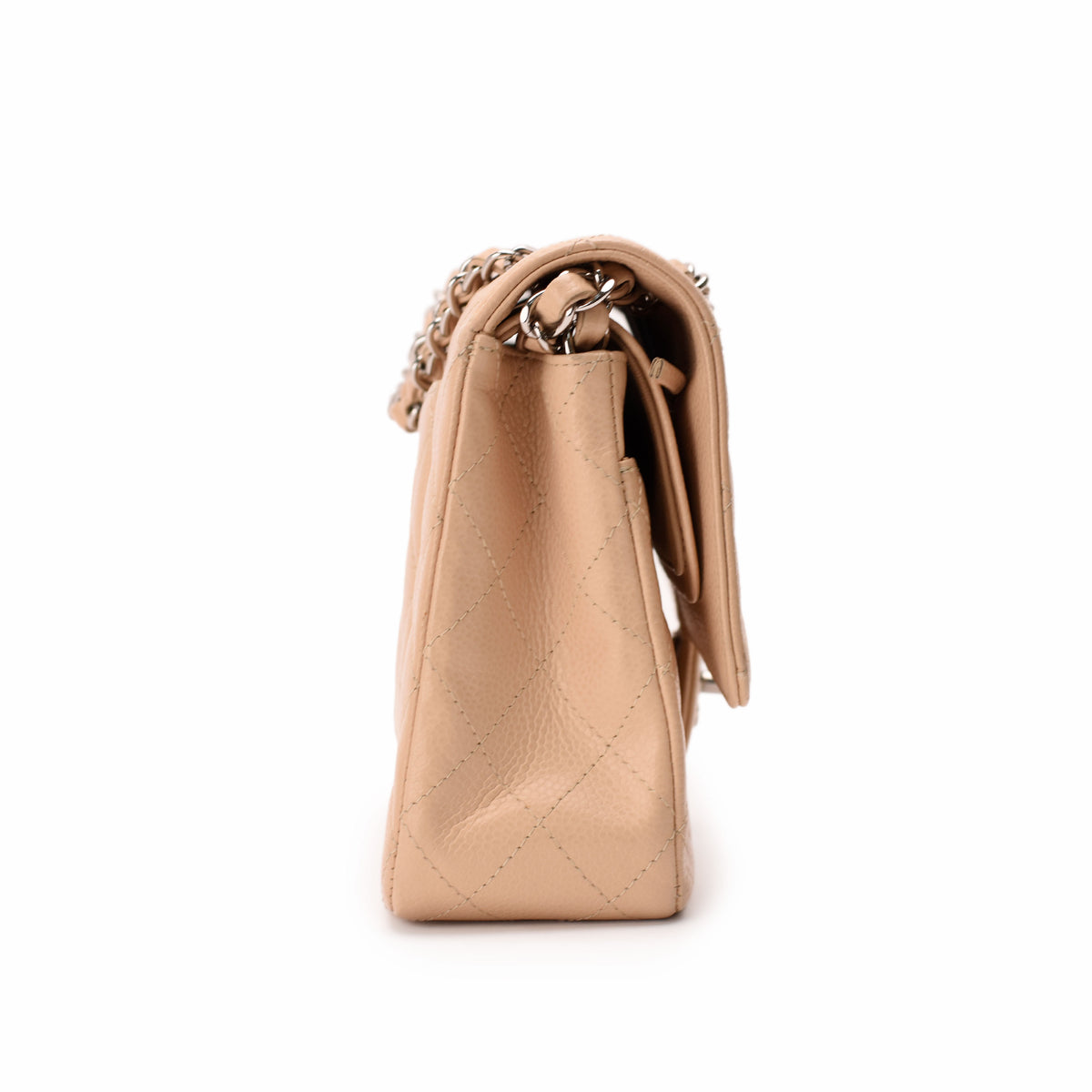 Beige quilted leather handbag with silver chain strap, curated Pre-loved Luxury by Myluxe in Helsinki.