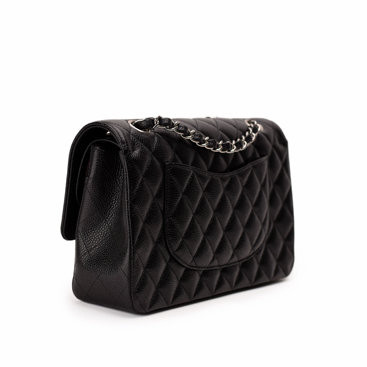 Black quilted leather handbag with silver chain strap, curated Pre-loved Luxury by Myluxe in Helsinki.