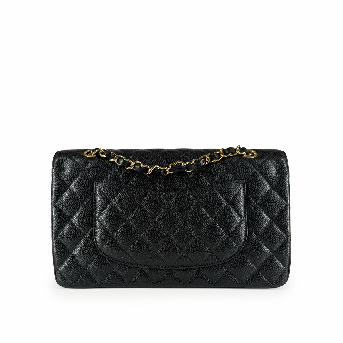 Black quilted caviar leather handbag with gold-tone chain strap, curated Pre-loved Luxury by Myluxe in Helsinki.
