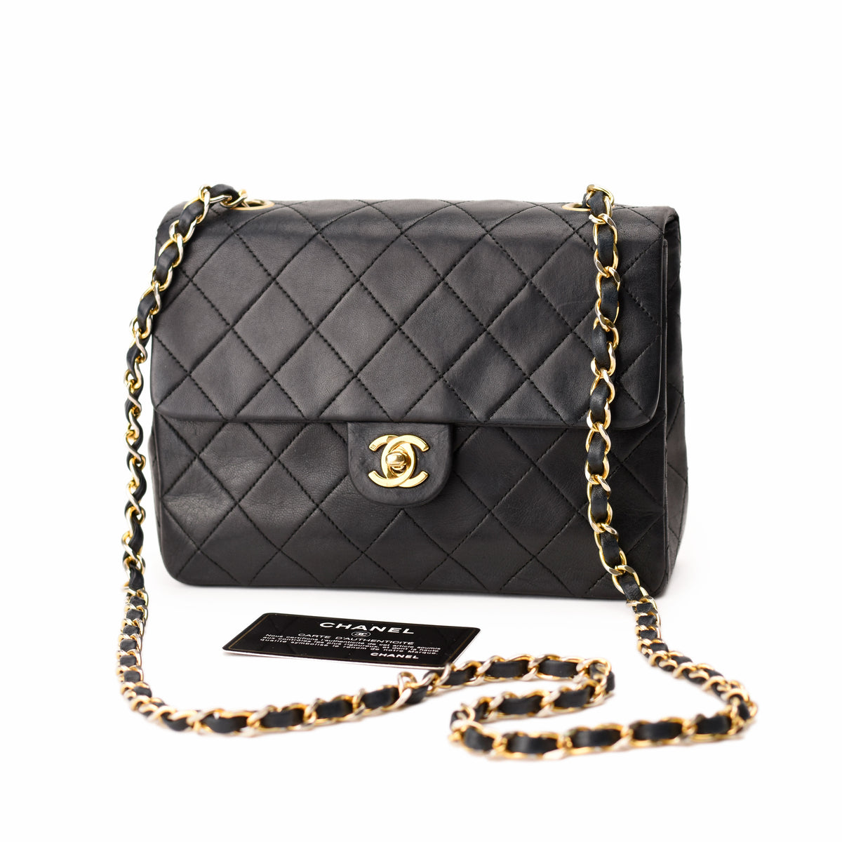 Black quilted leather Chanel handbag with gold-tone chain strap, curated Pre-loved Luxury by Myluxe in Helsinki.