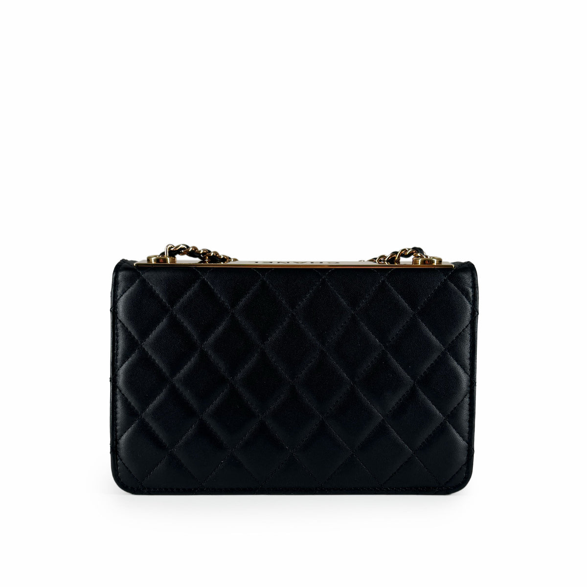 Black quilted leather handbag with gold-tone chain strap, curated Pre-loved Luxury by Myluxe in Helsinki.